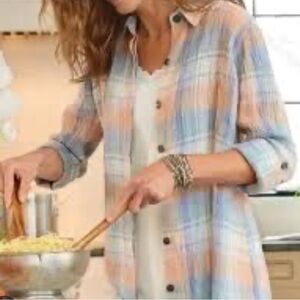 Soft Surroundings Rainbow Row Plaid Button-Up Gauze Linen Shirt Large